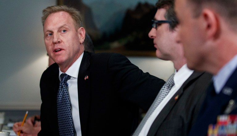 Acting Defense Secretary Patrick Shanahan talks to media during a meeting at the Pentagon, Monday, March 18, 2019.