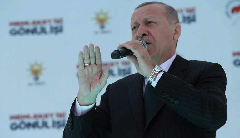 Turkey's President Recep Tayyip Erdogan addresses the supporters of his ruling Justice and Development Party during a rally in Eregli, Turkey, Tuesday, March 19, 2019. 