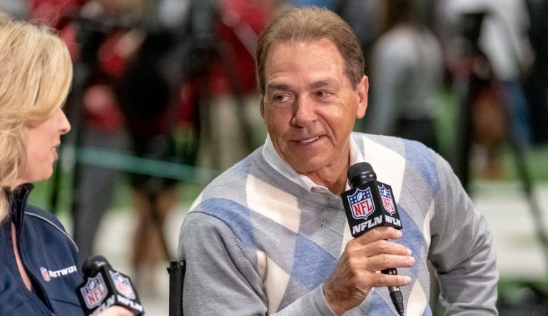 Alabama football head coach Nick Saban talks with NFL Network personalities at the Alabama NFL Pro Day, Tuesday, March 19, 2019, in Tuscaloosa, Ala. 