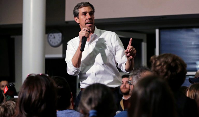 Former Texas congressman Beto O'Rourke gestures during a campaign stop at Keene State College.