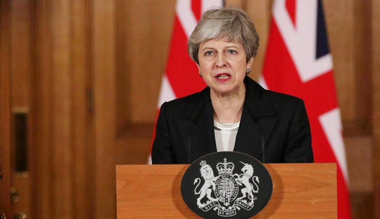 Britain's Prime Minister Theresa May delivers a statement in London.