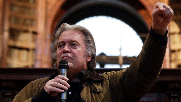 Former White House strategist Steve Bannon delivers his speech.