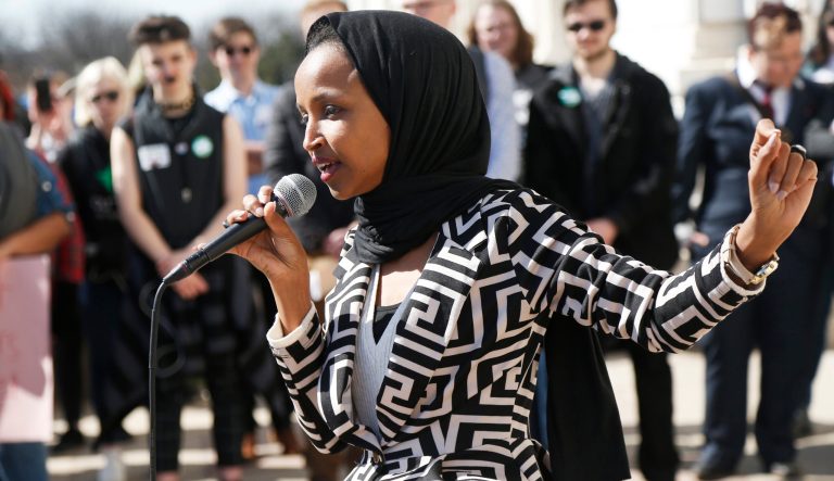 U.S. Rep Ilhan Omar, D-Minn., speaks on the State Capitol steps Thursday, March 21, 2019 in St. Paul, Minn. 