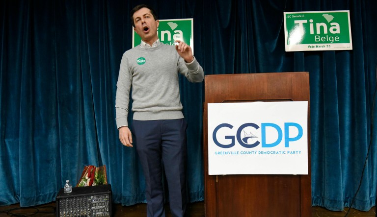 South Bend Mayor Pete Buttigieg speaks to a crowd about his Presidential run during the Democratic monthly breakfast held at the Circle of Friends Community Center in Greenville, S.C. Saturday, March 23, 2019.