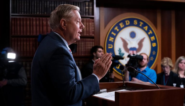Senate Judiciary Committee Chairman Lindsey Graham, R-S.C., talks to reporters in Washington, Monday, March 25, 2019. 
