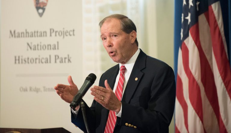 In this Nov. 10, 2015 photo, Sen. Tom Udall, D-N.M. speaks at a signing ceremony for a memorandum of agreement to establish the Manhattan Project National Historic Park at the Interior Department in Washington. 