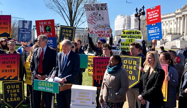 Sen. Edward Markey, D- Mass., speaks at a rally for Green New Deal, Tuesday, March 26, 2019, outside the Capitol in Washington.  The Green New Deal calls for the U.S. to shift away from fossil fuels such as oil and coal and replace them with renewable sources such as wind and solar power.  