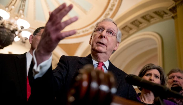 Senate Majority Leader Mitch McConnell of Ky., speaks to members of the media following a Senate policy luncheon on Capitol Hill in Washington, Tuesday, March 26, 2019. 
