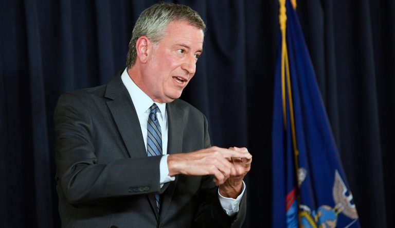 New York City Mayor Bill de Blasio speaks about New York City budget priorities during a news conference at the state Capitol, Tuesday, March 26, 2019, in Albany, N.Y. 