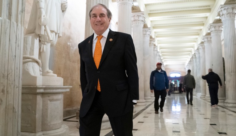 House Budget Committee Chair John Yarmuth, D-Ky., walks through the Hall of Columns at the Capitol as House Democratic chairs gather for a meeting with Majority Leader Steny Hoyer, D-Md., in Washington, Wednesday, March 27, 2019. 