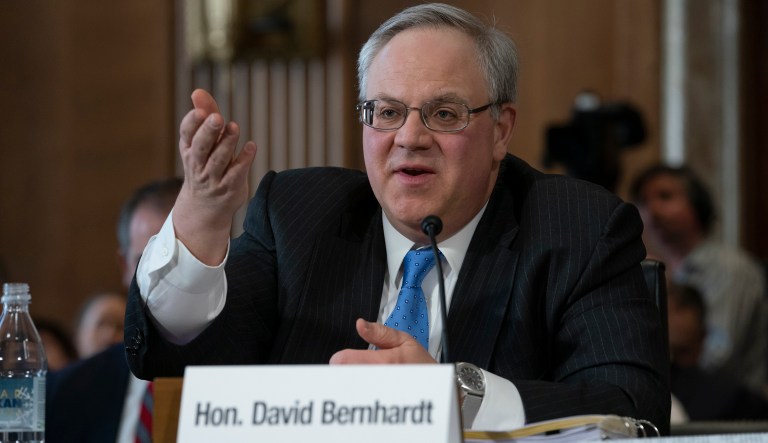 David Bernhardt, a former oil and gas lobbyist, speaks before the Senate Energy and Natural Resources Committee at his confirmation hearing to head the Interior Department, on Capitol Hill in Washington, Thursday, March 28, 2019.