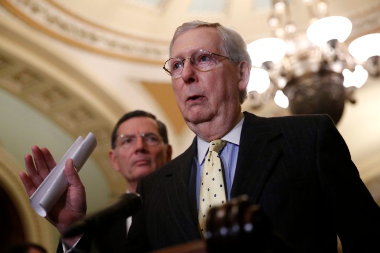 Senate Majority Leader Mitch McConnell of Ky., speaks to members of the media following a Senate policy luncheon, Tuesday, April 2, 2019, on Capitol Hill in Washington. 