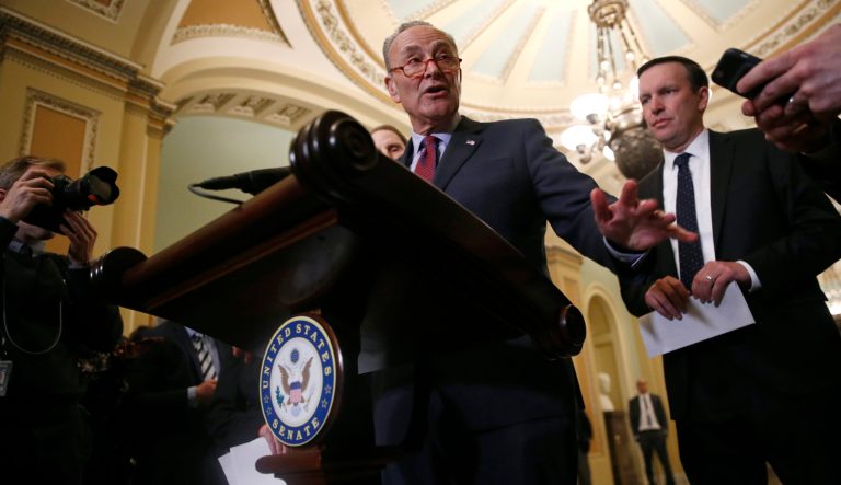 Senate Minority Leader Sen. Chuck Schumer of N.Y., center, speaks to members of the media following a Senate policy luncheon on Capitol Hill in Washington, Tuesday, April 2, 2019. 