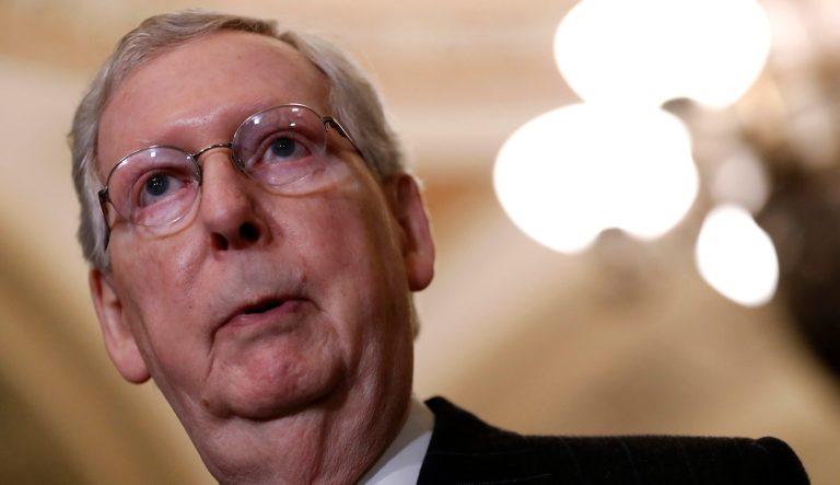 Senate Majority Leader Mitch McConnell of Ky., speaks to members of the media following a Senate policy luncheon, Tuesday, April 2, 2019, on Capitol Hill in Washington. 