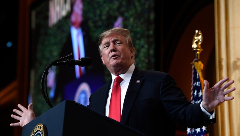 President Trump speaks at the National Republican Congressional Committee's annual spring dinner.