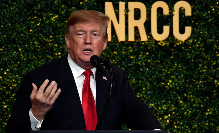 President Donald Trump speaks at the National Republican Congressional Committee's annual spring dinner in Washington, April 2, 2019. 
