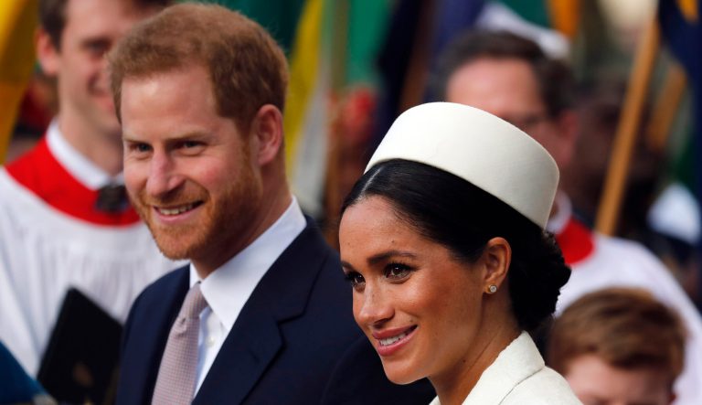 Britain's Prince Harry and Meghan, the Duchess of Sussex leave after the Commonwealth Service at Westminster Abbey.