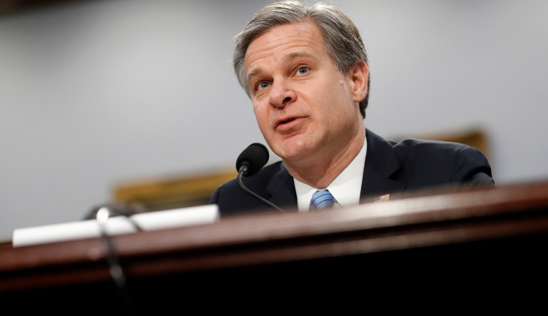FBI Director Christopher Wray testifies before a House Appropriations subcommittee hearing on the bureau's budget, Thursday, April 4, 2019, on Capitol Hill in Washington.