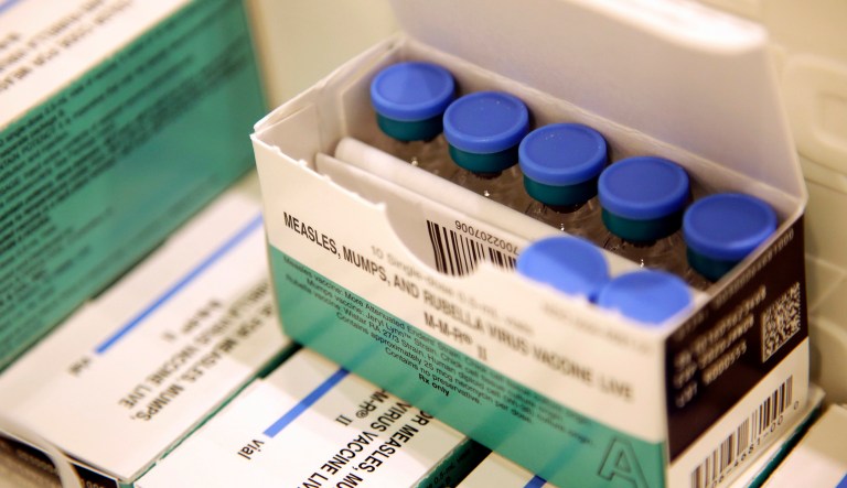 In this March 27, 2019, file photo, measles, mumps and rubella vaccines sit in a cooler at the Rockland County Health Department in Pomona, N.Y.