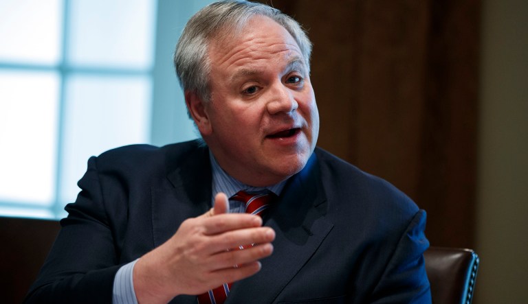 Acting Secretary of the Interior David Bernhardt speaks during a White House Opportunity and Revitalization Council meeting with President Donald Trump in the Cabinet Room of the White House, Thursday, April 4, 2019, in Washington. 