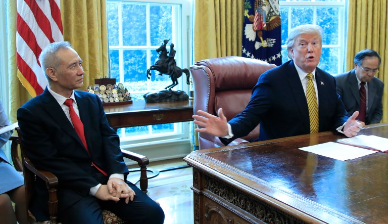 President Trump (right) meets China's Vice Premier Liu He (left) in the Oval Office of the White House in D.C.