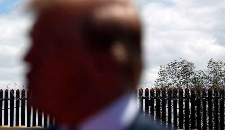 President Donald Trump speaks as he visits a new section of the border wall with Mexico in Calexico, Calif., Friday April 5, 2019. 