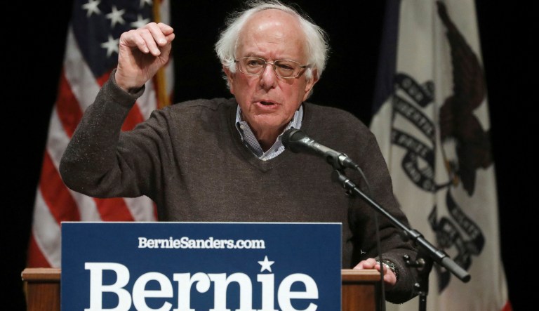 U.S. Sen. Bernie Sanders, I-Vt., speaks during a campaign stop, Saturday, April 6, 2019, at Aldo Leopold Middle School in Burlington, Iowa.