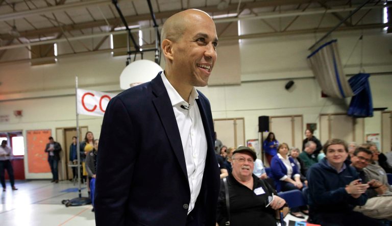 United States Sen. Cory Booker, D-N.J., arrives at a 2020 presidential campaign stop, Sunday, April 7, 2019, in Londonderry, N.H. 