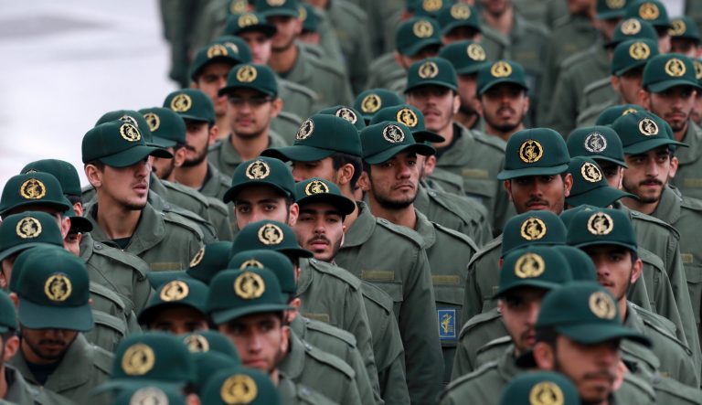 In this Feb, 11, 2019 photo, Iranian Revolutionary Guard members arrive for a ceremony celebrating the 40th anniversary of the Islamic Revolution, at the Azadi, or Freedom, Square, in Tehran, Iran. President Donald Trump's administration has designated Iran's Revolutionary Guard as a "foreign terrorist organization." 