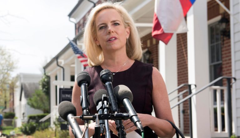 Homeland Security Secretary Kirstjen Nielsen talks outside her home in Alexandria, Va., on Monday, April 8, 2019. Nielsen says she continues to support the presidentâs goal of securing the border in her first public remarks since her surprise resignation.  