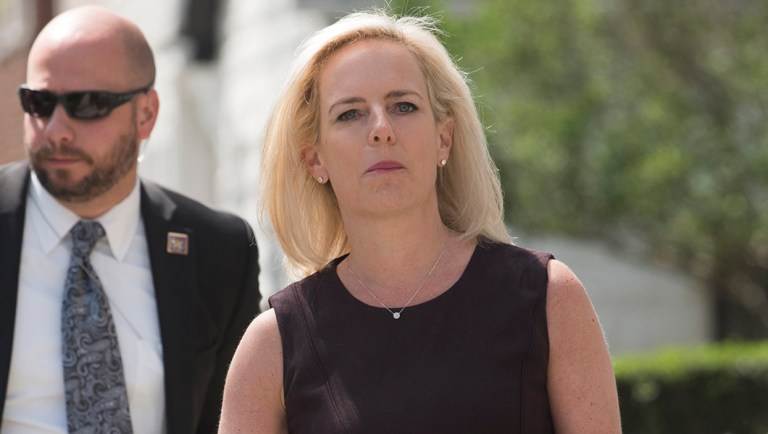 Homeland Security Secretary Kirstjen Nielsen talks outside her home in Alexandria, Va.