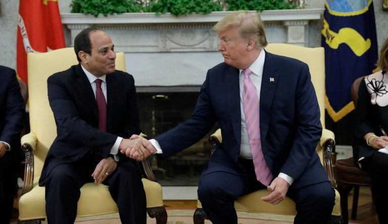 President Donald Trump meets with Egyptian President Abdel Fattah el-Sisi in the Oval Office of the White House, Tuesday, April 9, 2019, in Washington. 
