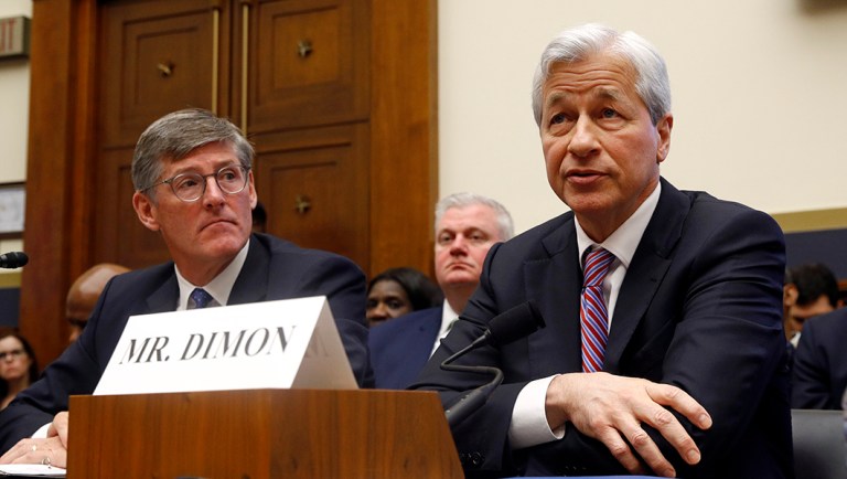 JPMorgan Chase chairman and CEO Jamie Dimon, right, testifies alongside Citigroup CEO Michael Corbat before the House Financial Services Committee.