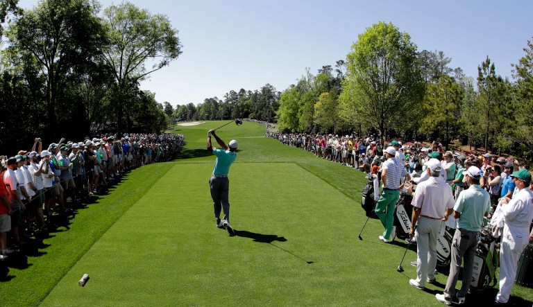 Tiger Woods hits his tee shot on the fifth hole during a practice round for the Masters golf tournament Wednesday, April 10, 2019, in Augusta, Ga.