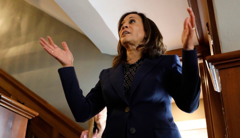 2020 Democratic presidential candidate Sen. Kamala Harris speaks during a house party in Des Moines, Iowa. 