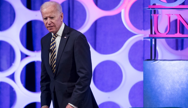 Former Vice President Joe Biden departs from a forum on the opioid epidemic, at the University of Pennsylvania in Philadelphia, Thursday, April 11, 2019.