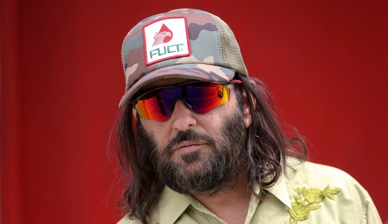 Los Angeles artist Erik Brunetti, the founder of the streetwear clothing company "FUCT," poses for a photo in Los Angeles.