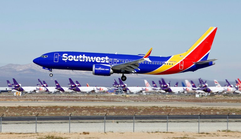 A Southwest Airlines Boeing 737 Max aircraft lands at the Southern California Logistics Airport in the high desert town of Victorville, Calif.