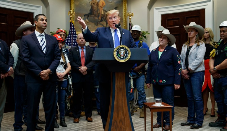 President Trump gestures as he speaks about the deployment of 5G technology in the United States during an event in the Roosevelt Room of the White House in D.C.