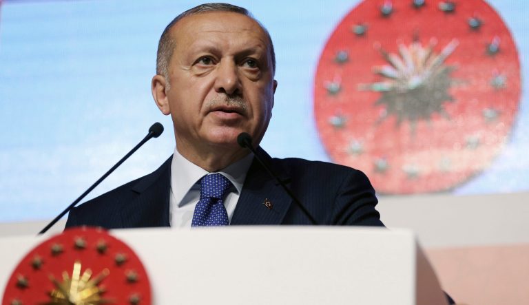 Turkey's President Recep Tayyip Erdogan speaks at an assembly for religious schools, in Istanbul, Saturday, April 13, 2019. 