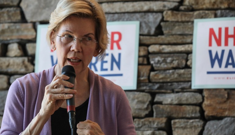 Sen. Elizabeth Warren D-Mass., speaks at Ann Garland's house party in Lebanon, N.H. Saturday, April 13, 2019.