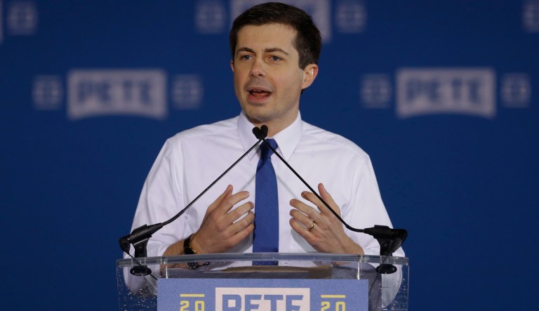 Pete Buttigieg announces that he will seek the Democratic presidential nomination during a rally in South Bend, Ind., Sunday, April 14, 2019. Buttigieg, 37, is serving his second term as the mayor of South Bend.