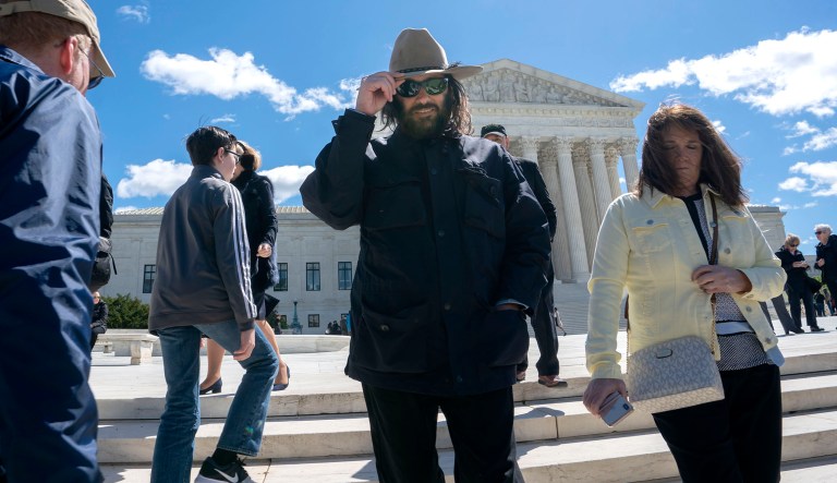 Los Angeles artist Erik Brunetti, the founder of the streetwear clothing company "FUCT," leaves the Supreme Court after his trademark case was argued in Washington. Brunetti, who says the brand name is an acronym for "Friends U Can't Trust," is seeking help from the high court after he was denied a trademark by the U.S. Patent and Trademark Office because of a portion of federal law that says officials should not register trademarks that are "scandalous" or "immoral."