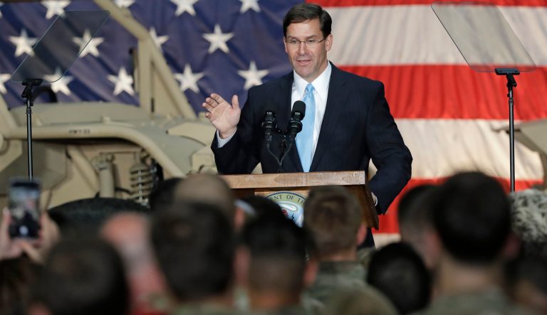 Secretary of the Army Mark Esper speaks to soldiers and family members in Ft. Bragg, N.C., Monday, April 15, 2019. 