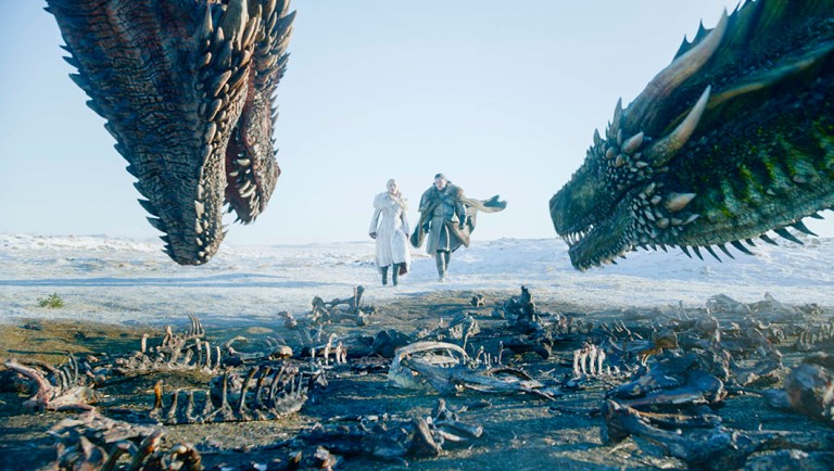 Emilia Clarke, left, and Kit Harington in a scene from "Game of Thrones."