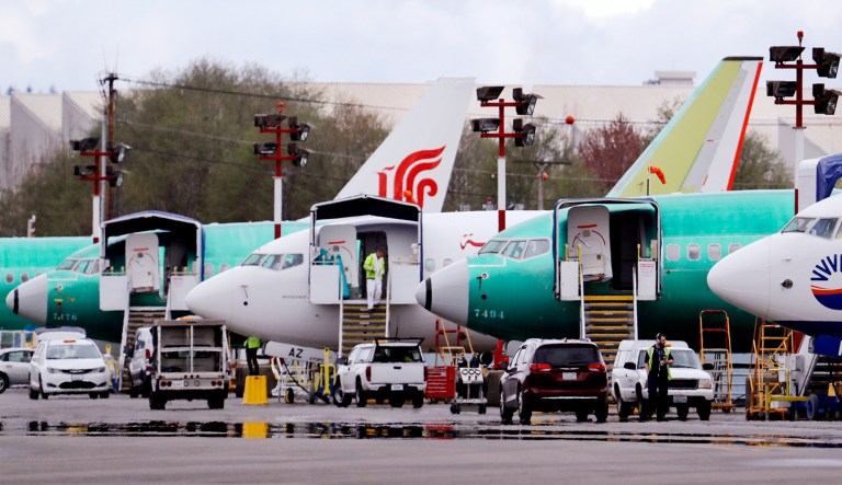 Boeing 737 Max model aircraft are parked at the airport adjacent to a Boeing Co. production facility in Renton, Wash.