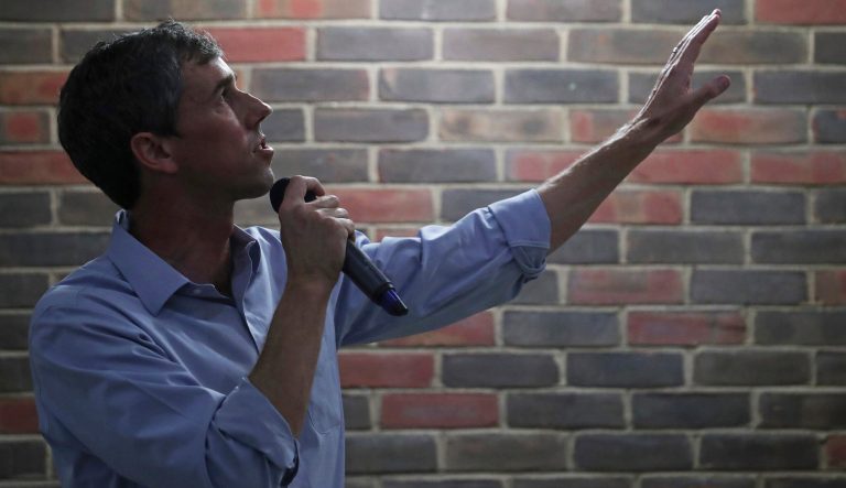 2020 Democratic presidential candidate Beto O'Rourke speaks to students outside Nau Hall Room 101 at the University of Virginia during his last stop on a tour which saw him visit multiple cities in the state, Tuesday, April 16, 2019, in Charlottesville, Va. Due to a high student turnout, O'Rourke spoke both inside the lecture hall and outside in the stairwell to address all the students present. 