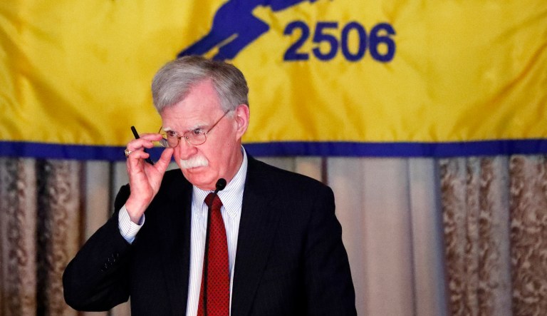National security adviser John Bolton gestures while discussing new administration policy during a speech, Wednesday, April 17, 2019, in Coral Gables, Fla.