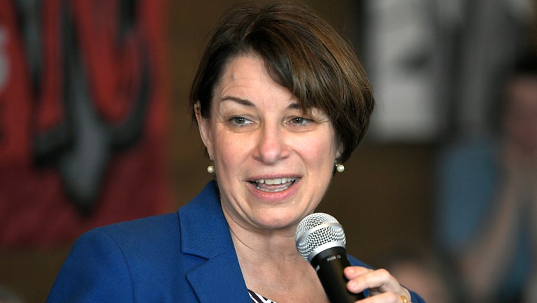 Democratic presidential hopeful Sen. Amy Klobuchar, D-Minn., speaks to people.