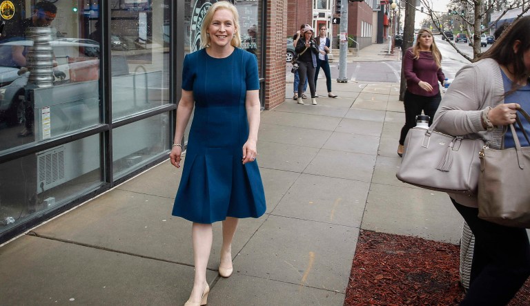 Democratic presidential candidate Kirsten Gillibrand, D-N.Y., walks to her car after she visited with supporters at Papa Keno's in the Drake neighborhood of Des Moines, Iowa, on Wednesday, April 17, 2019. 